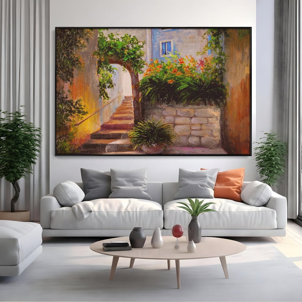 Tablou canvas cu pictura cu scari si flori, in rama de aluminiu negru, pe perete intr-un living